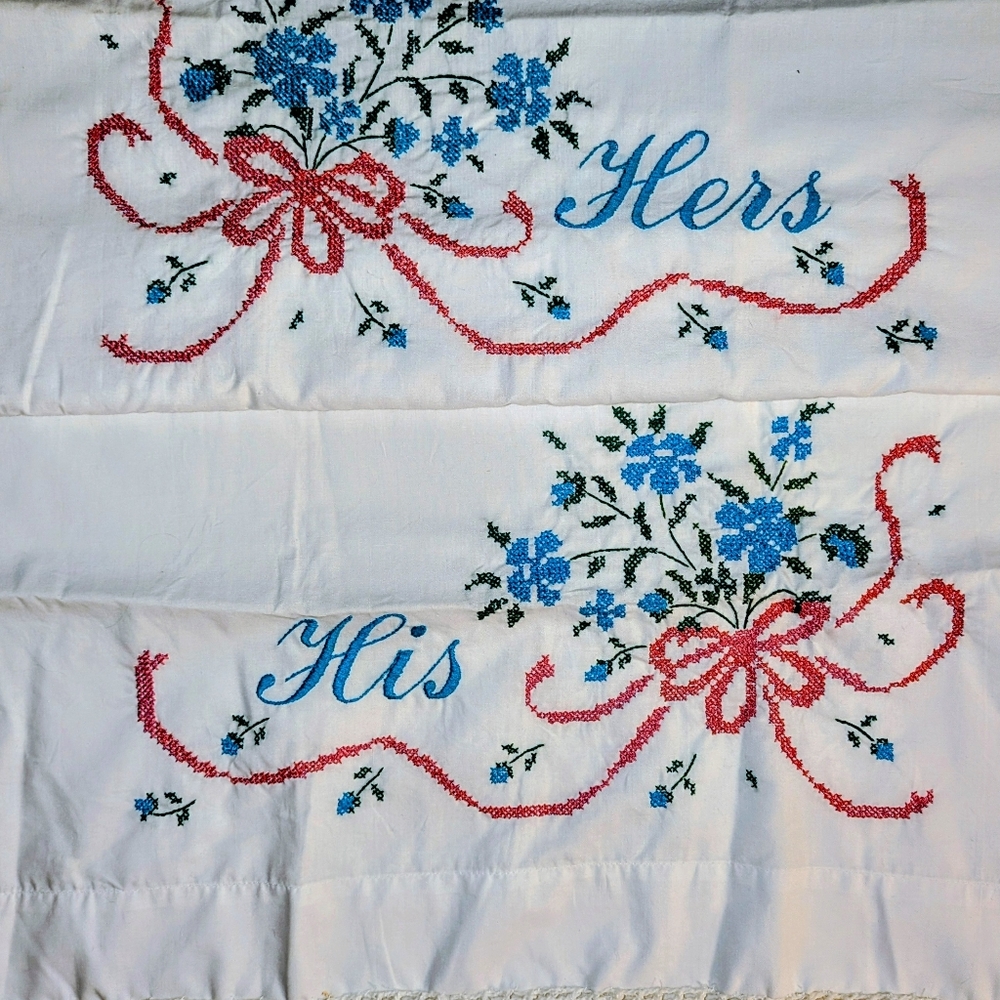 Vintage Handmade XL His & Hers Pillowcase Set